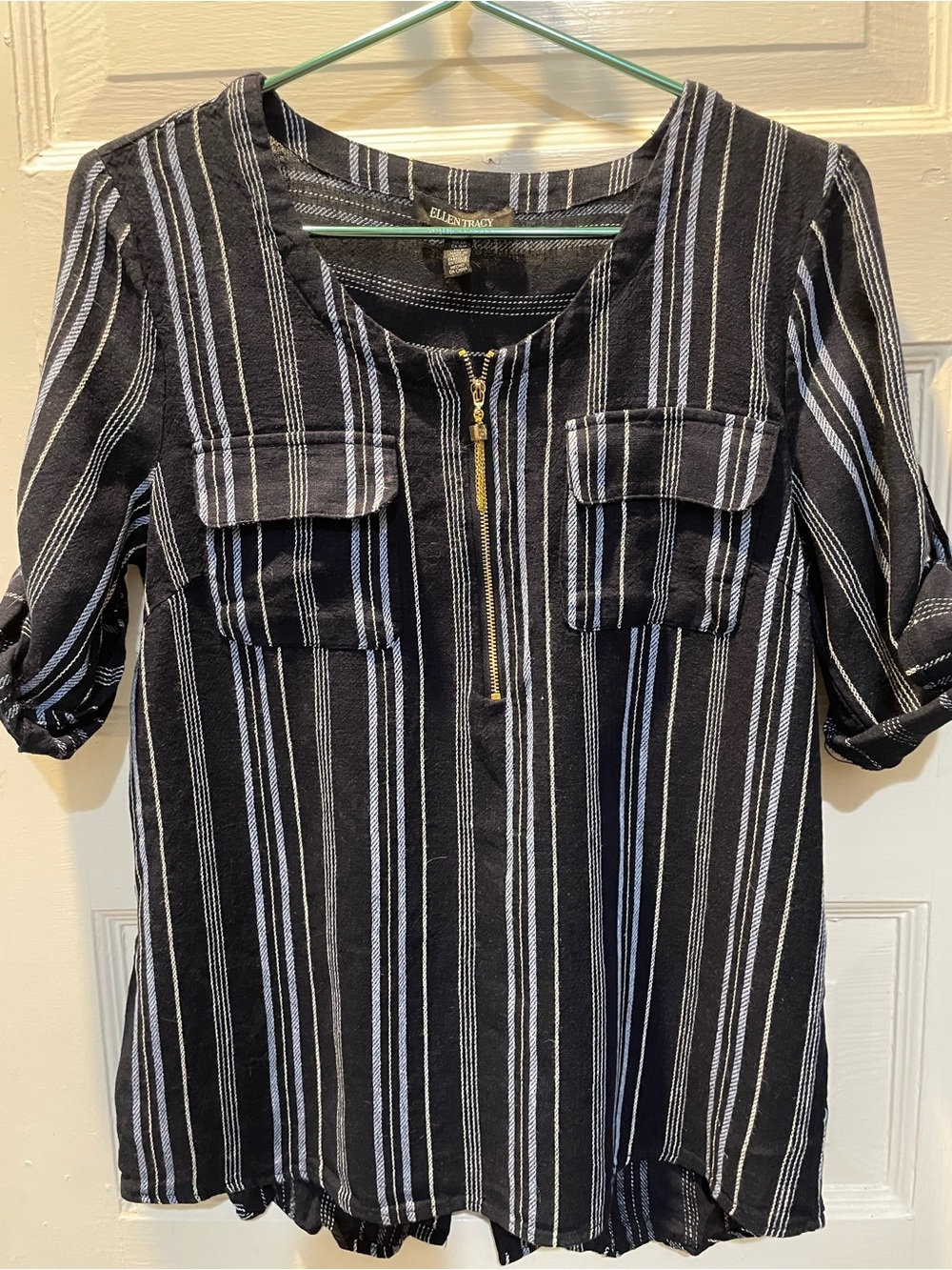 Ellen Tracy Navy Striped Women's Top, Linen Blend, Roll Tab Sleeves